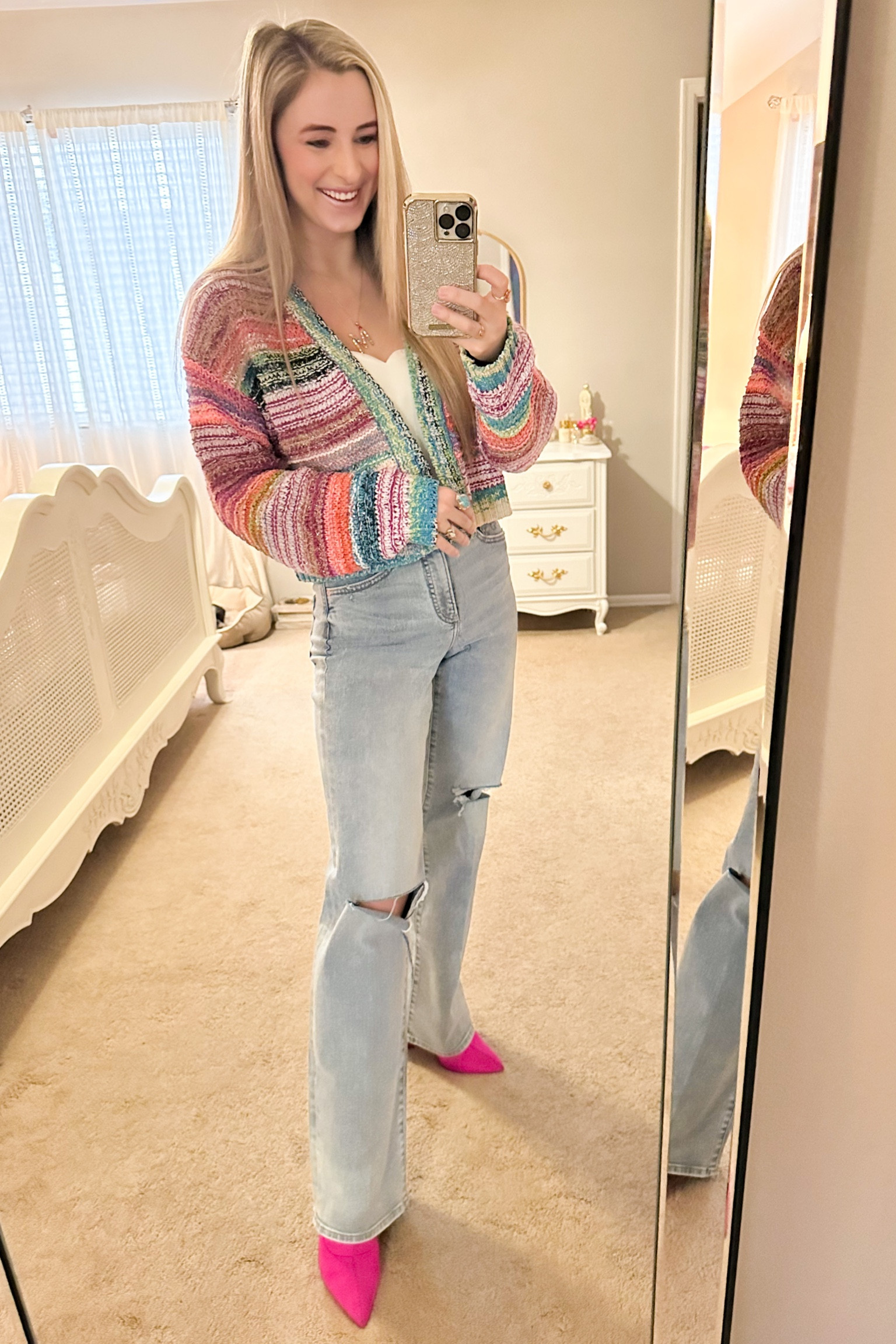 Outfit of the day. OOTD. Spring fashion. Spring style. The cutest colorful cardigan by wild fable at target, white cami / white tank top, Gucci belt, Express straight cut jeans on sale for $30! Hot pink / neon pink Steve Madden boots / booties. Spring outfit. 

#LTKshoecrush #LTKSeasonal #LTKstyletip