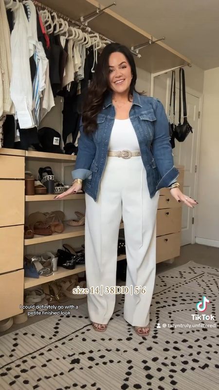 Midsize spring workwear outfit Spanx trousers! So comfy! Wearing a 1x regular length (I am 5’6) and need to wear a heel with them. A petite would be perfect with flats. Lightweight denim jacket xl Smoothing tank xl Fave smoothing undies xl (Code: taryntrulyxspanx)

#LTKStyleTip #LTKWorkwear #LTKMidsize