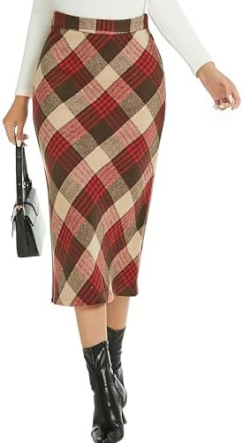 Womens Flannel Plaid Straight Vintage A Line Midi Length Long Pencil Skirt | Amazon (US)