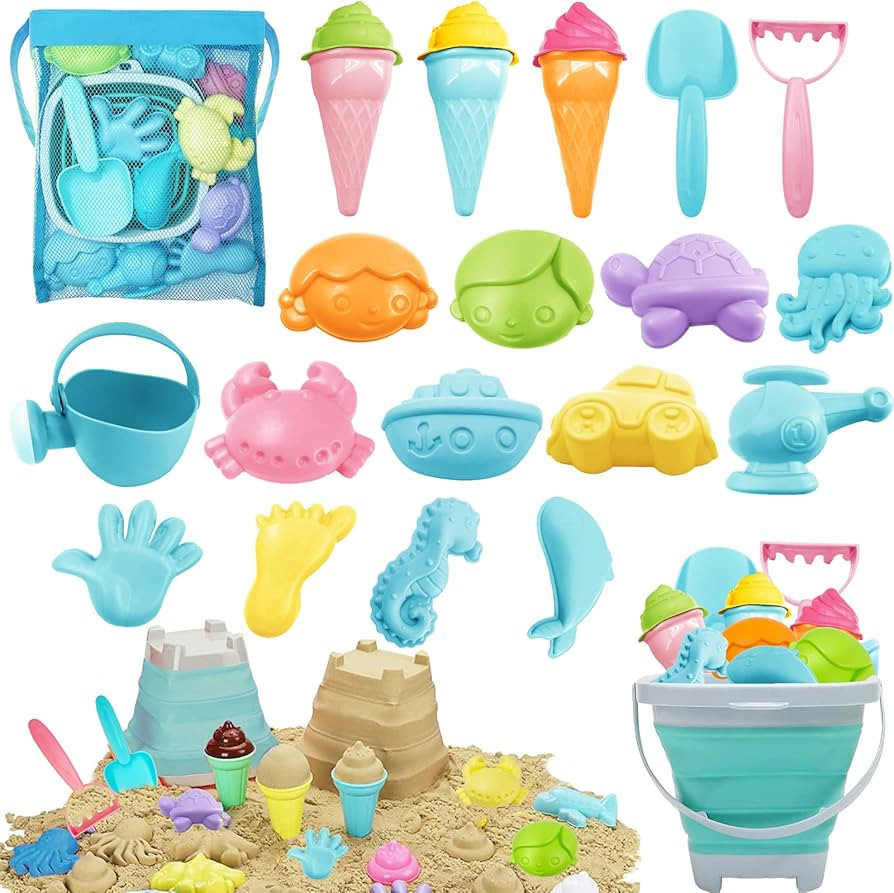 Beach Toys, Ice Cream Sand Toys for Kids, Collapsible Bucket and Shovels Beach Toys with Mesh Bag... | Amazon (US)