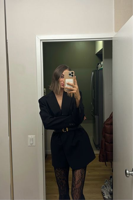 black blazer, tights, black belt 

#LTKSeasonal #LTKworkwear