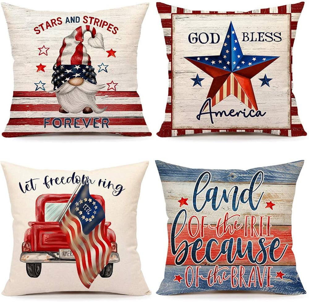 4th of July Decorations Pillow Covers 18x18 Set of 4 Independence Day Memorial Day Patriotic Rustic Farmhouse Decor Holiday Stars and Stripes Throw Cushion Case for Home Couch | Amazon (US)