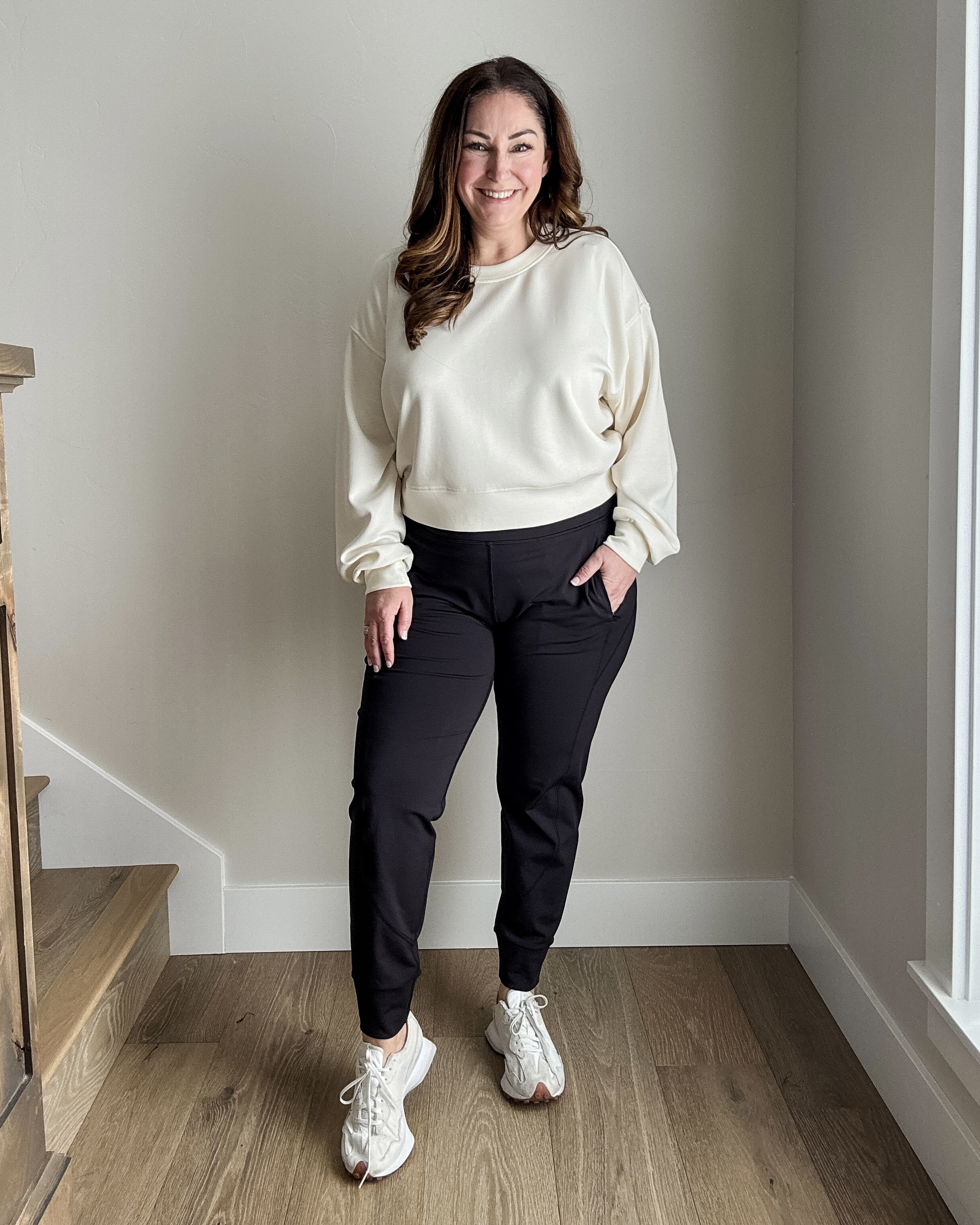 Winter White Sweatshirt athleisure look | Wearing top L and joggers, L 

 #winteroutfit #everydaylook #winterathleisure #midsizestyle #LTKOver40 #LTKMidsize #LTKFitness