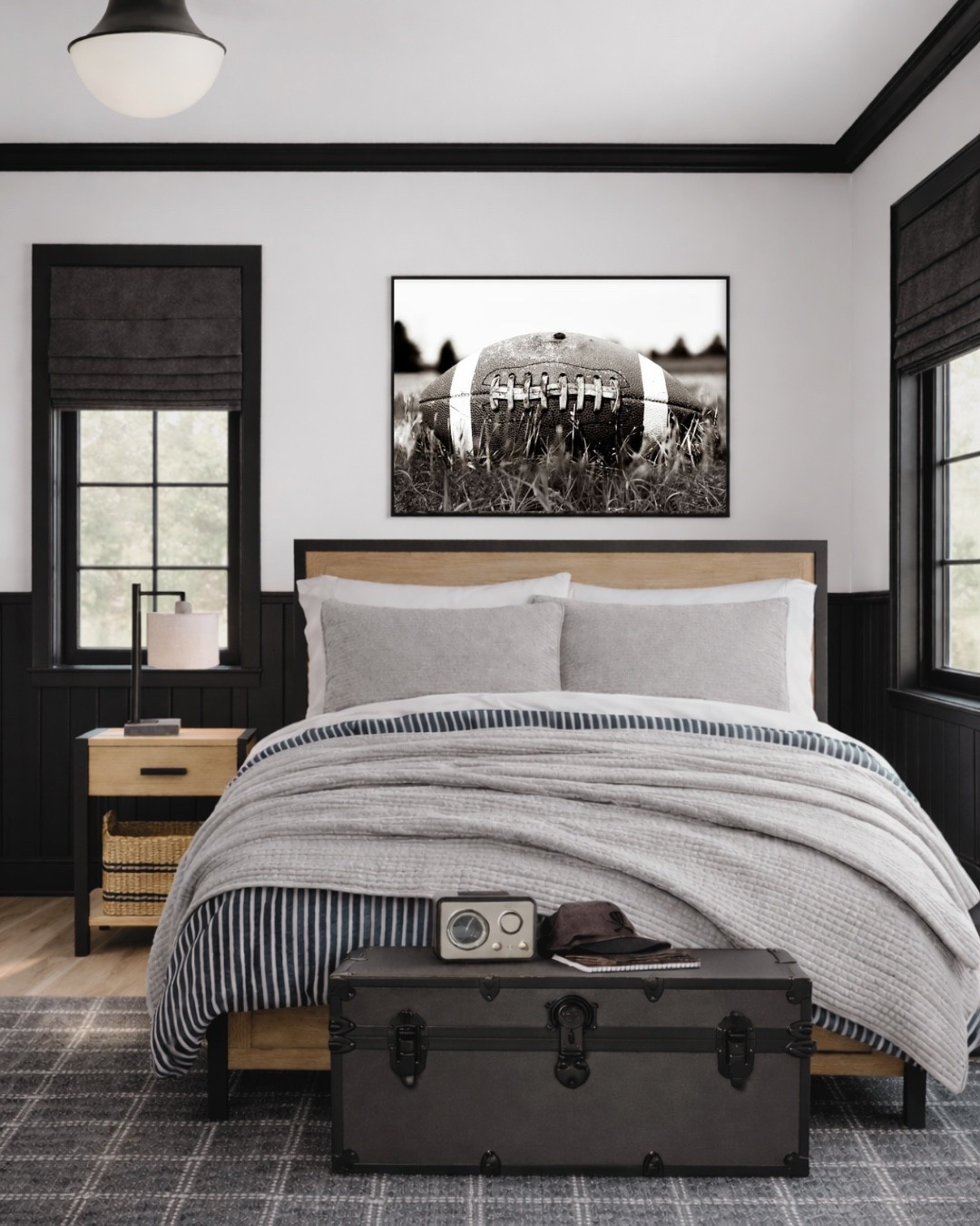 Cleaned modern, and cool - this bedroom delivered a polished look with just the right amount of sporty edge. 
🖤🖤
Boys room, boys bedroom, kids room, kids bedroom design, boys room bedding, boys room bed, boys room lamp, boys room nightstand, boys room trunk, boys room decor, football, football bedroom, football room, football ideas, sports themed boys room, sports themed room, football bedroom, football room ideas, home decor, home design, bedroom, bed, kids room, wayfair, minted, pottery barn teen 


#LTKKids #LTKSaleAlert #LTKHome