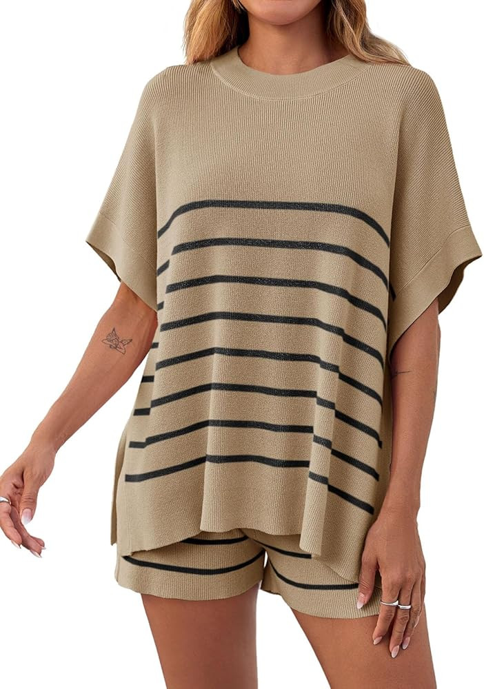 Fisoew Women's Striped 2 Piece Outfits Oversized Batwing Short Sleeve Tops High Waisted Shorts Su... | Amazon (US)