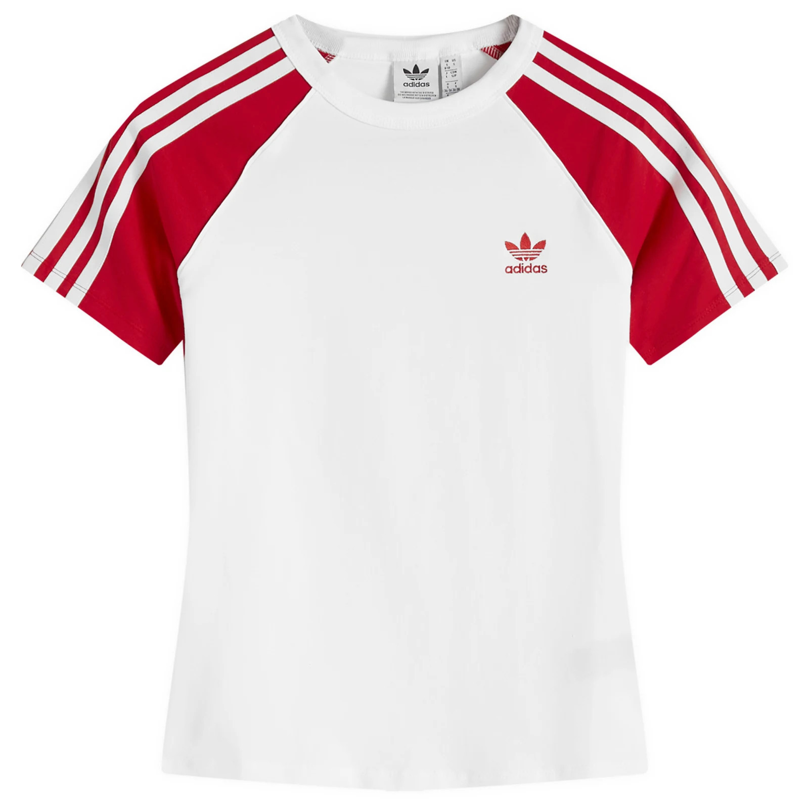 Adidas Women's 3 Stripe Slim T-Shirt in White/Better Scarlet, Size X-Small | END. Clothing