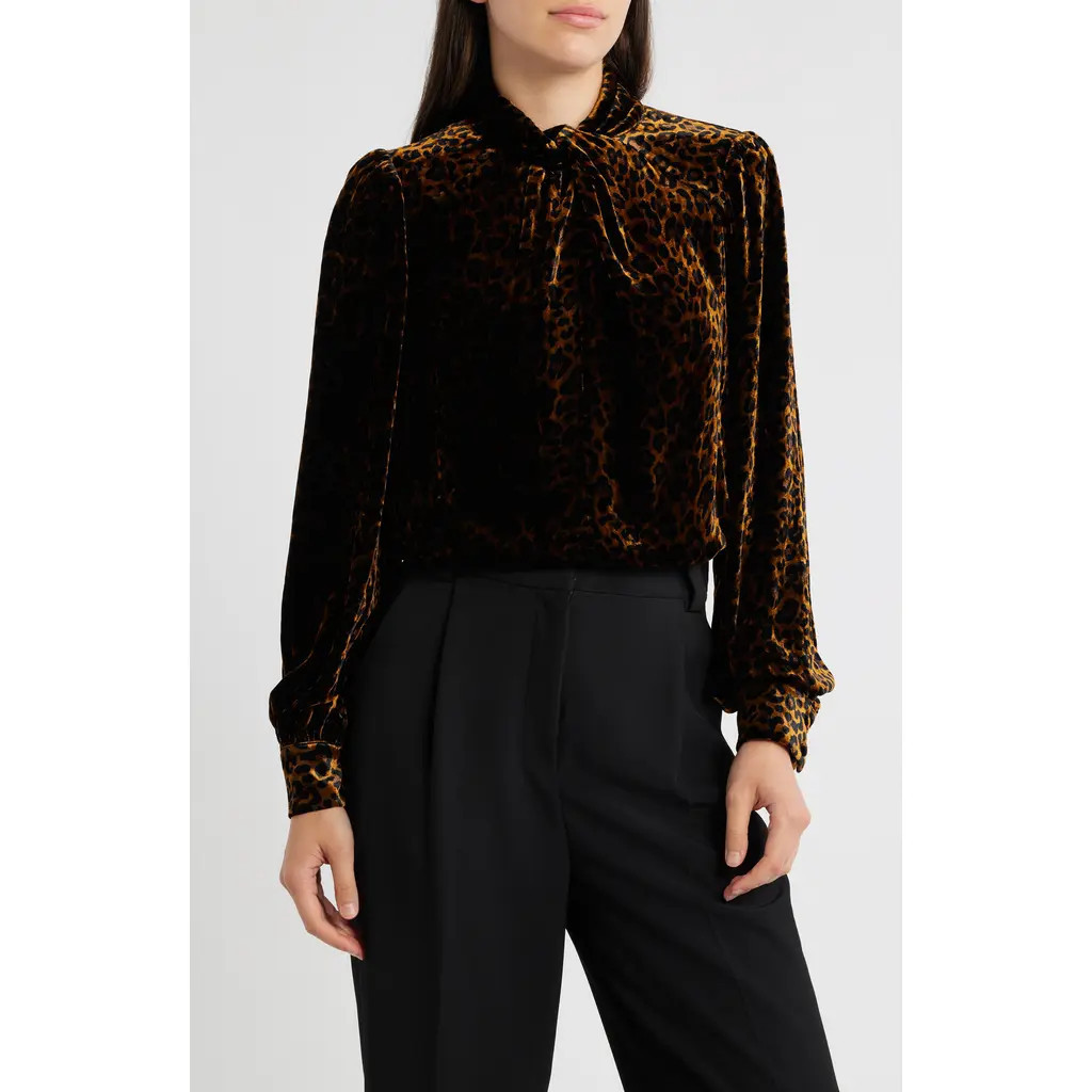 Elie Tahari The Levana Long Sleeve Velvet Shirt in Black/Velvet Leopard at Nordstrom, Size X-Large | Nordstrom