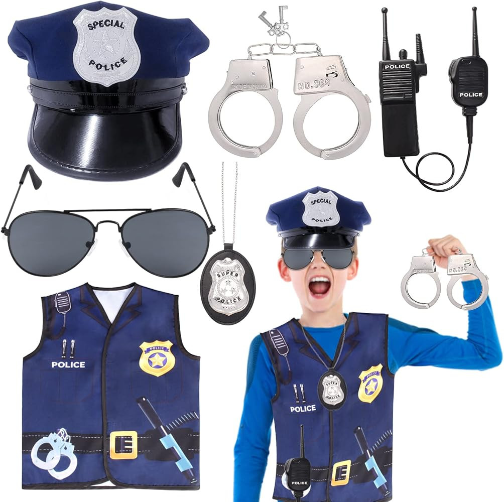 Kids Police Officer Costume Set 6 Pcs Including Cop Hat Vest Sunglasses Badge Walkie Talkie for P... | Amazon (US)