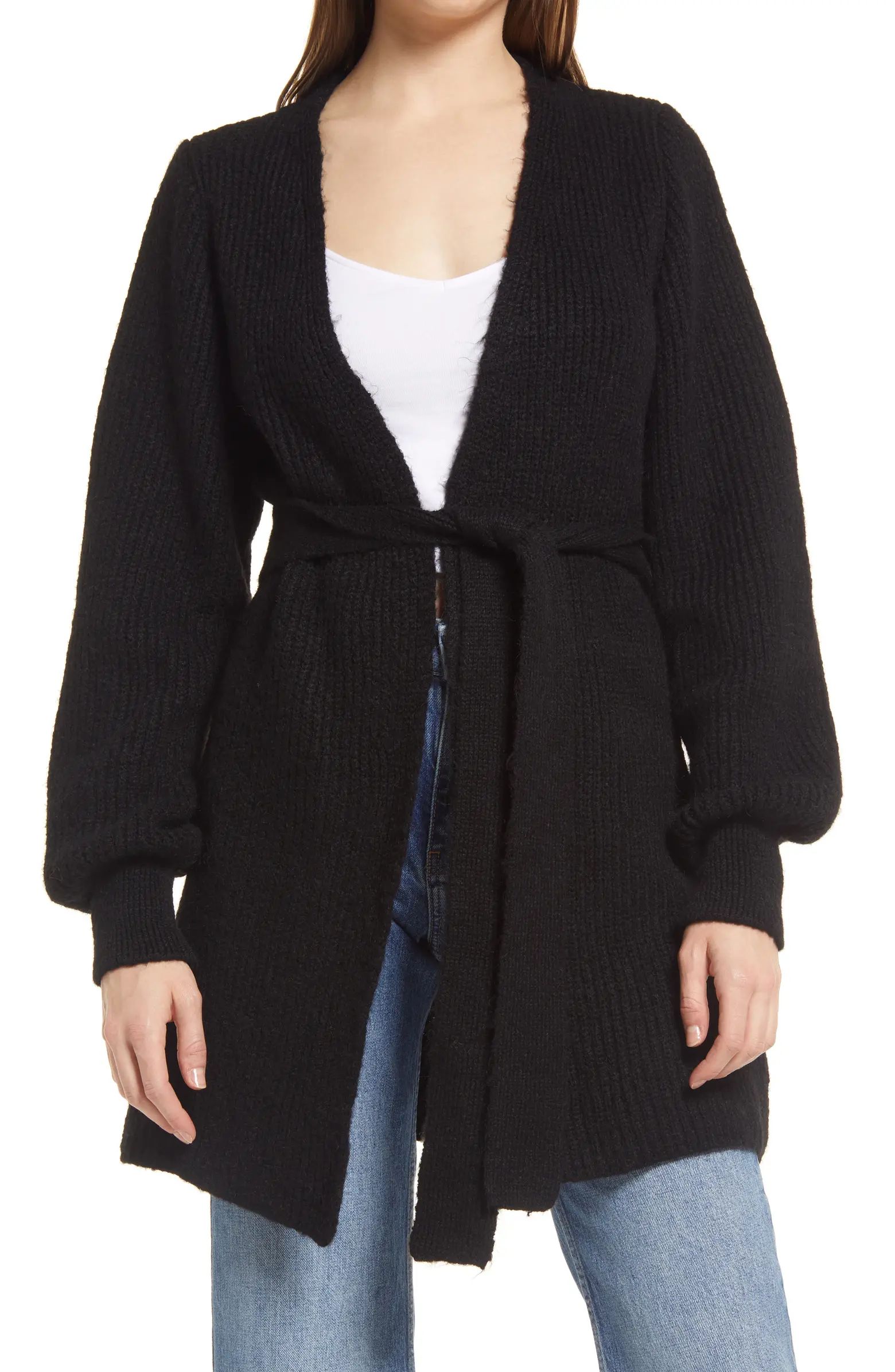 Belted Blouson Sleeve Cardigan | Nordstrom