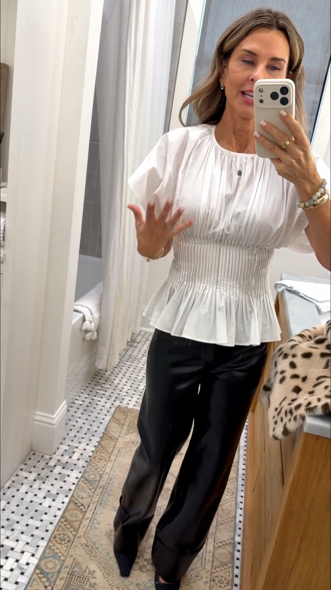 I’m 5’6’’.
-Rue Sophie top size XXS. Beautiful pleated details on this cotton blouse, full zip up the back. Runs TTS (mine is too small)
-Alice + Olivia leather pants are butter soft faux leather pants with cuff. Perfect for events or a night out. TTS
-Target animal print jacket size S

#LTKOver40 #LTKootd #LTKvlog