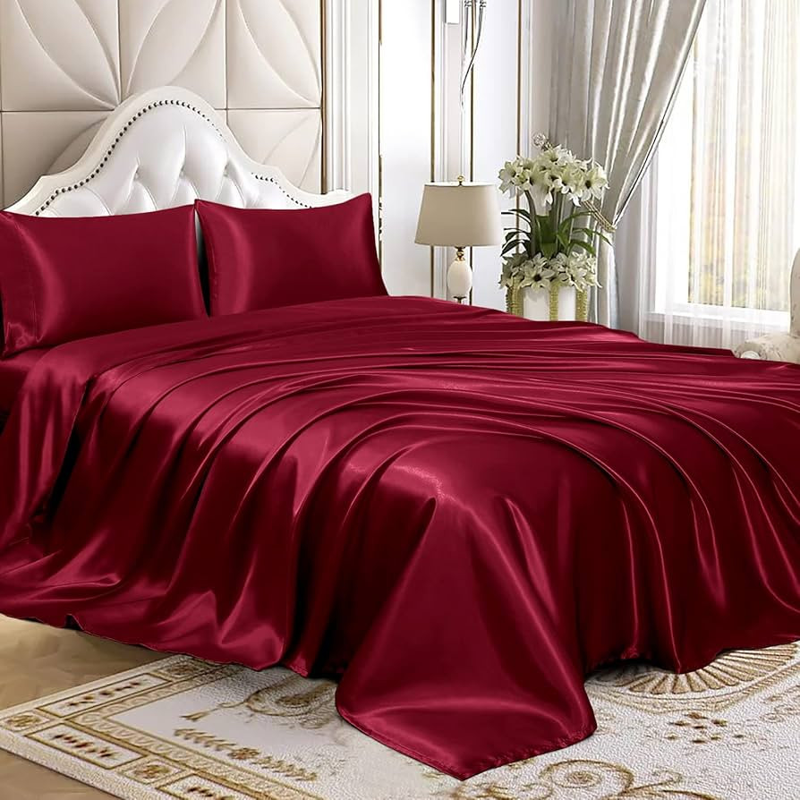 100% Pure Mulberry Silk Bed Sheets - 4 Piece Natural Silk Sheet Set King Size Fits 27-32" Deep Po... | Amazon (US)