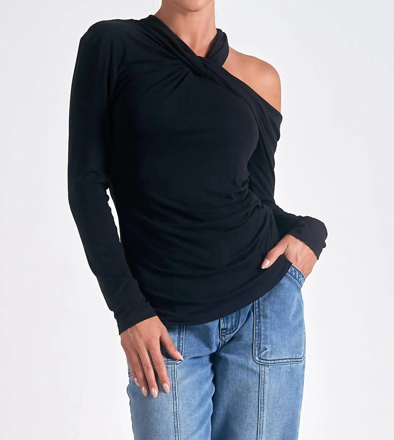 Long Sleeve Off Shoulder Top In Black | Shop Simon
