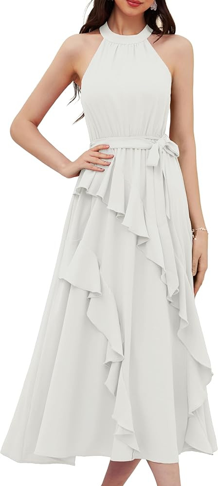 GRACE KARIN Women's 2024 Summer Sleeveless Halter Neck Ruffle Hem Split Flowy Swing Long Midi Dre... | Amazon (US)