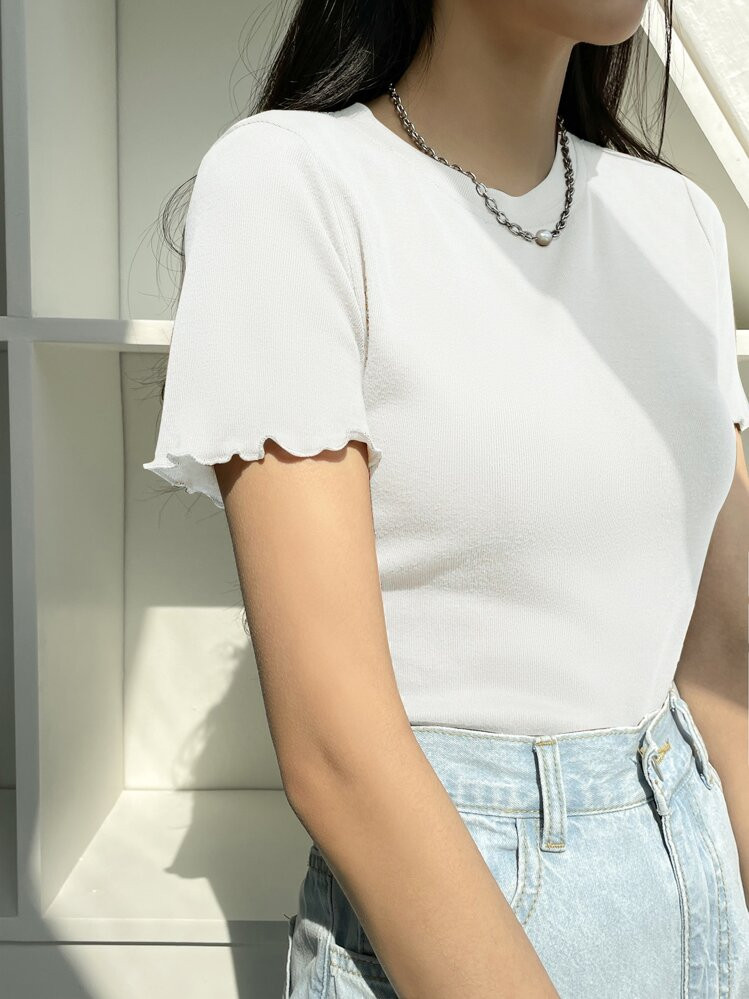 DAZY Blusa De Punto Acanalado Con Ribete De Lechuga, Estilo Preppy De Verano | SHEIN