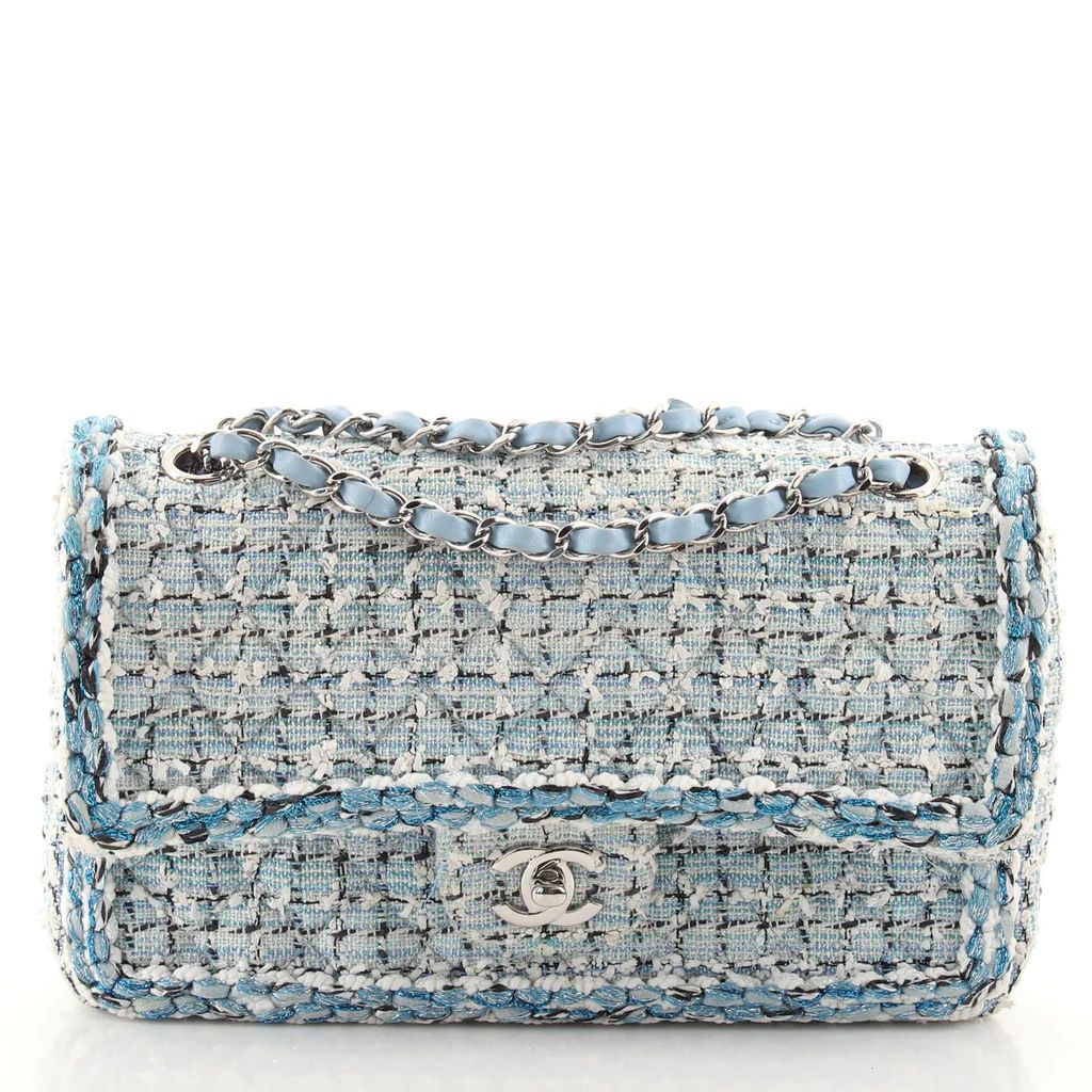 Chanel Classic Double Flap Bag Braided Quilted Tweed Medium Blue 96746123 | Rebag