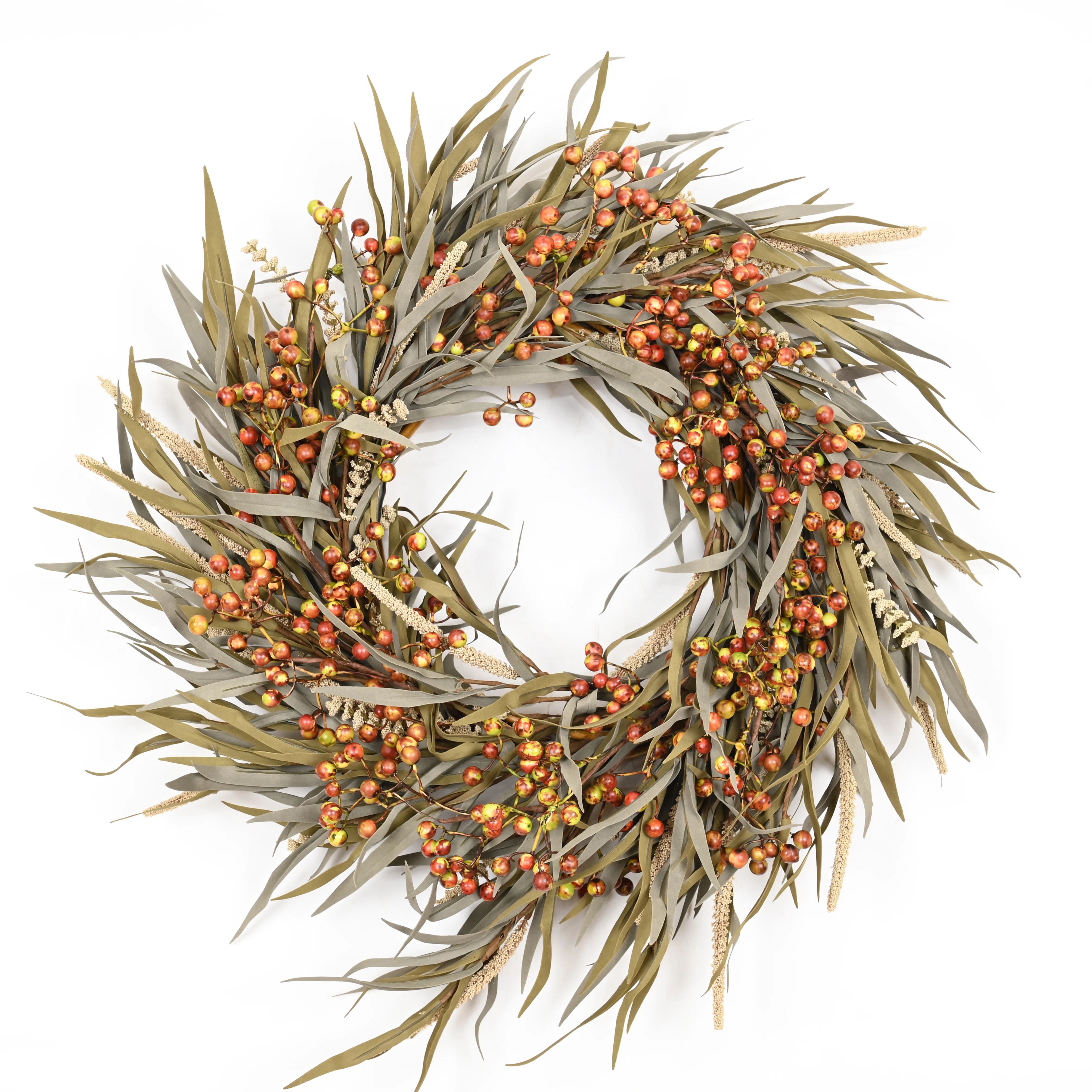 24" Artificial Farmhouse Fall Harvest Blossoms Cluster Grass Berry Thanksgiving Day Front Door Wr... | Joss & Main