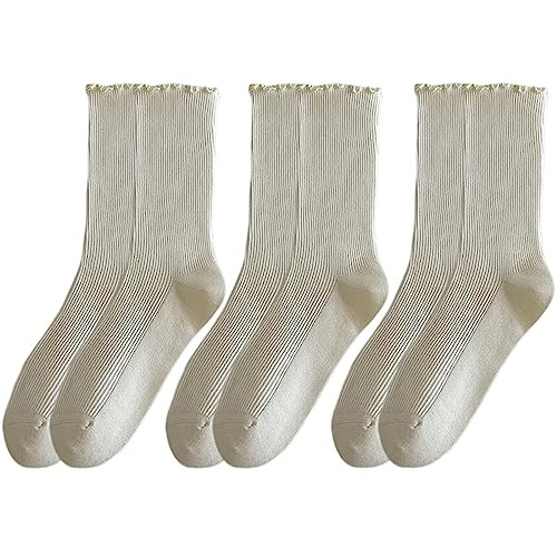 MarJunSep Women's Cute Ruffle Frilly Socks Neutral Thin Cotton Knit Crew Socks Ribbed Slouch Lettuce loafer Socks White 3 Pairs | Amazon (US)