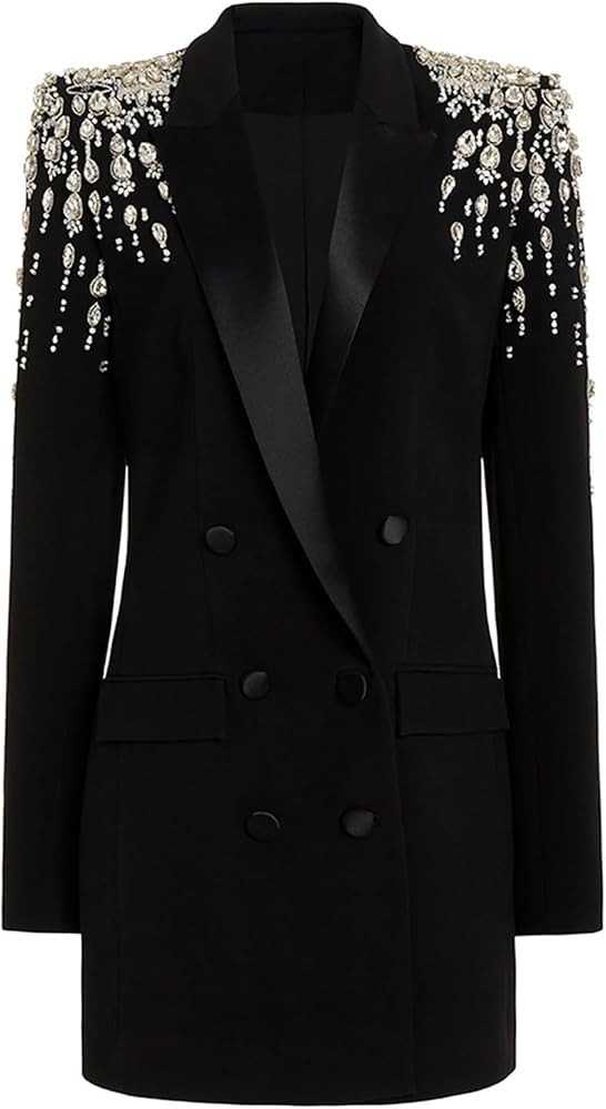 Women's Rhinestone Long Blazer Dress Jacket Luxury Handmade Diamond Satin Collar Double Breasted ... | Amazon (US)