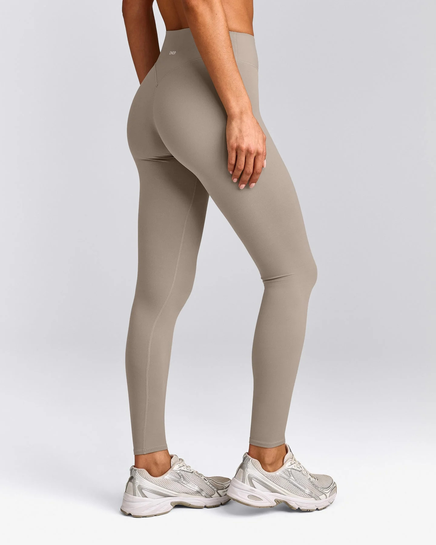 SoftMotion™ High Waisted Leggings with White Logo | Warm Sand | Oner Active (UK / US)