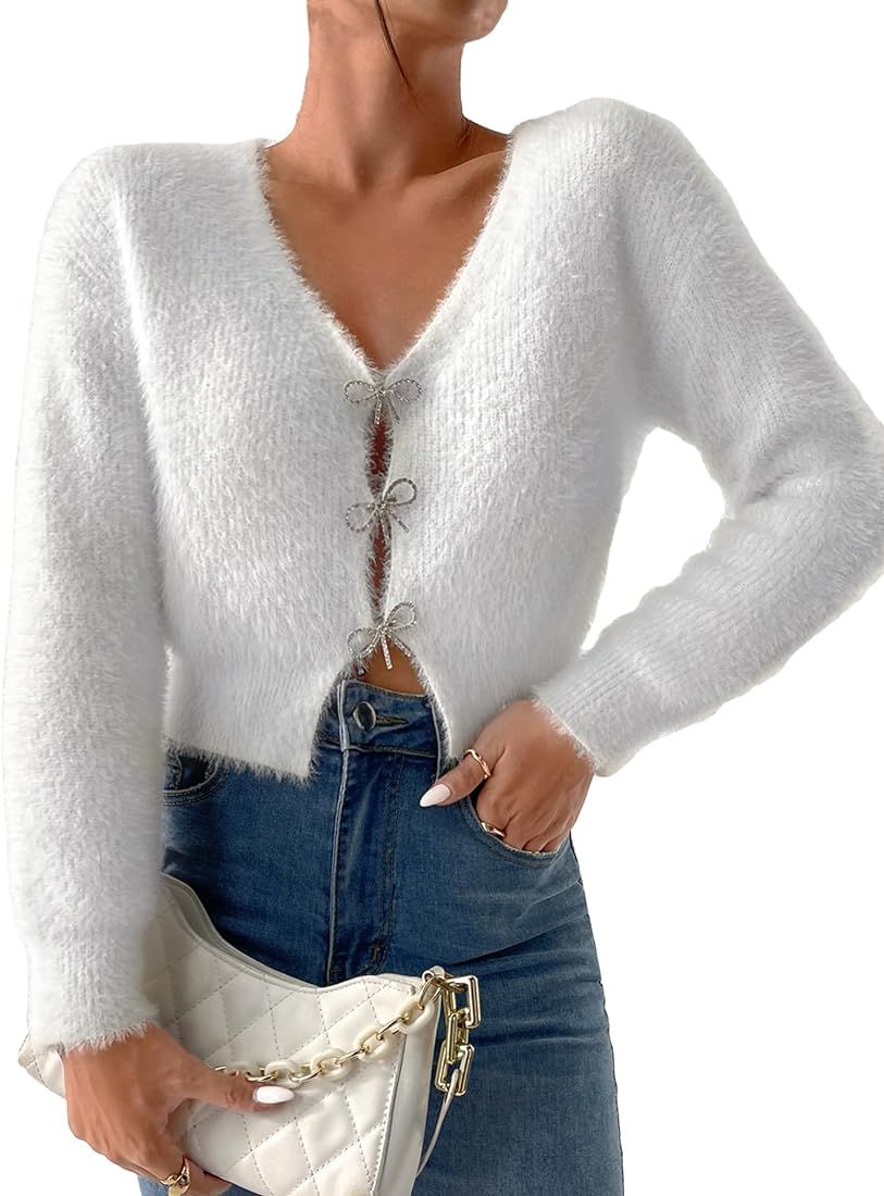 Verdusa Women's Rhinestone Bow Fluffy Long Sleeve V Neck Crop Cardigan Sweater | Amazon (US)