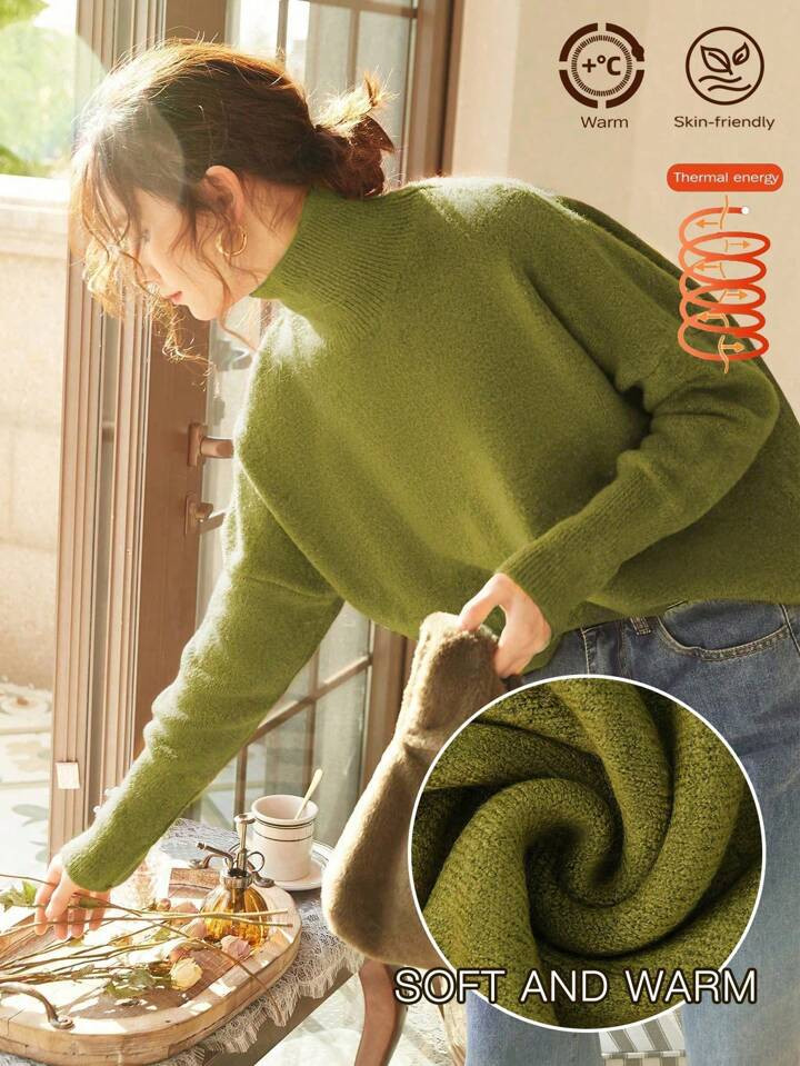 Knit Mix Women's French Commuter Solid High Neck Drop Shoulder Long Sleeve Thick Loose Knit Pullo... | SHEIN