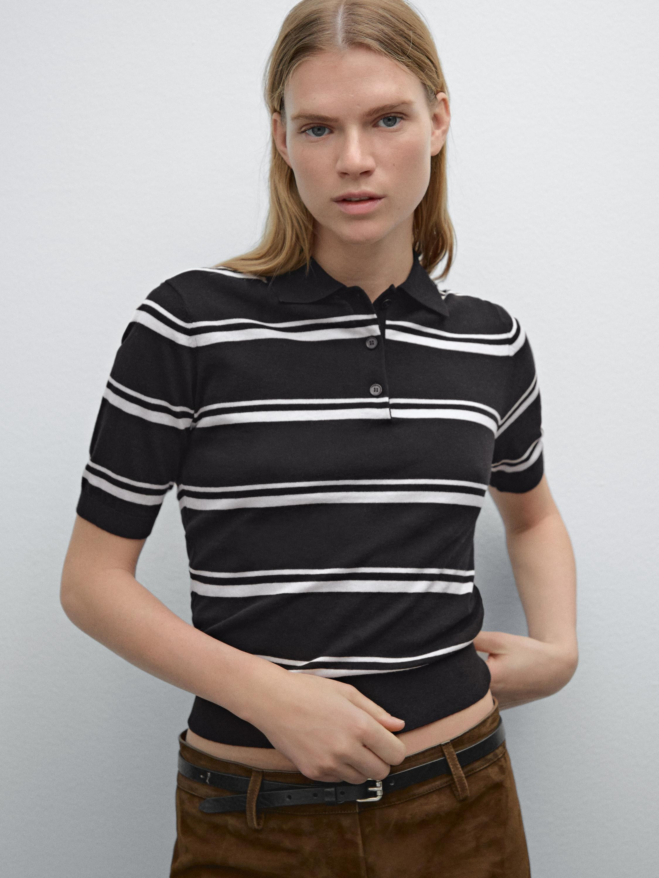 Striped cotton blend polo sweater | Massimo Dutti US