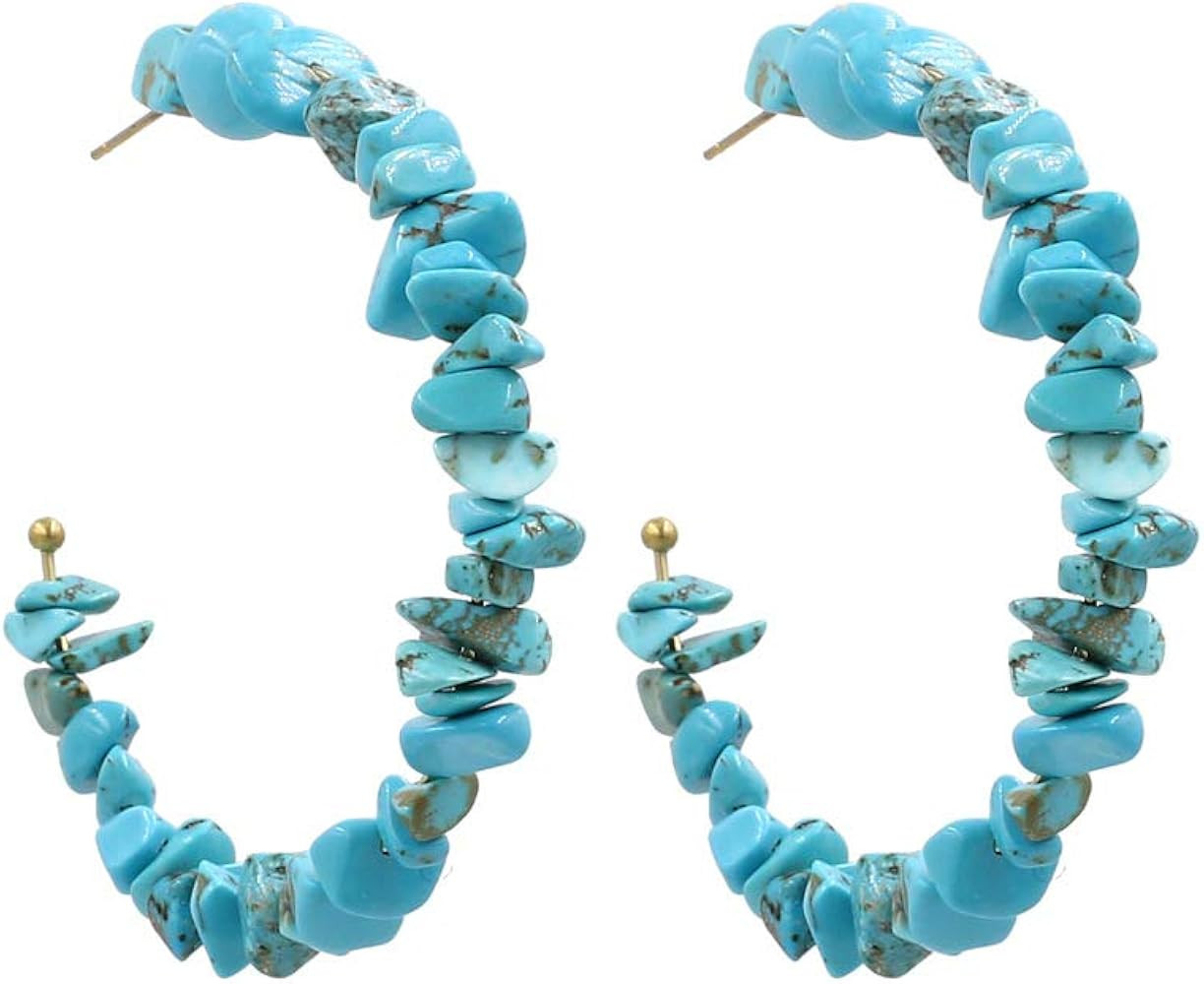 Turquoise Beaded Hoop Earrings for Women - Handmade Stone Beads Open Hoop Earrings Holiday Summer Je | Amazon (US)