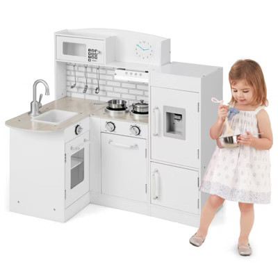 Costway Kid’s Corner Kitchen Playset Wooden Chef Play with Sink Stove Range Hood Utensils | Target