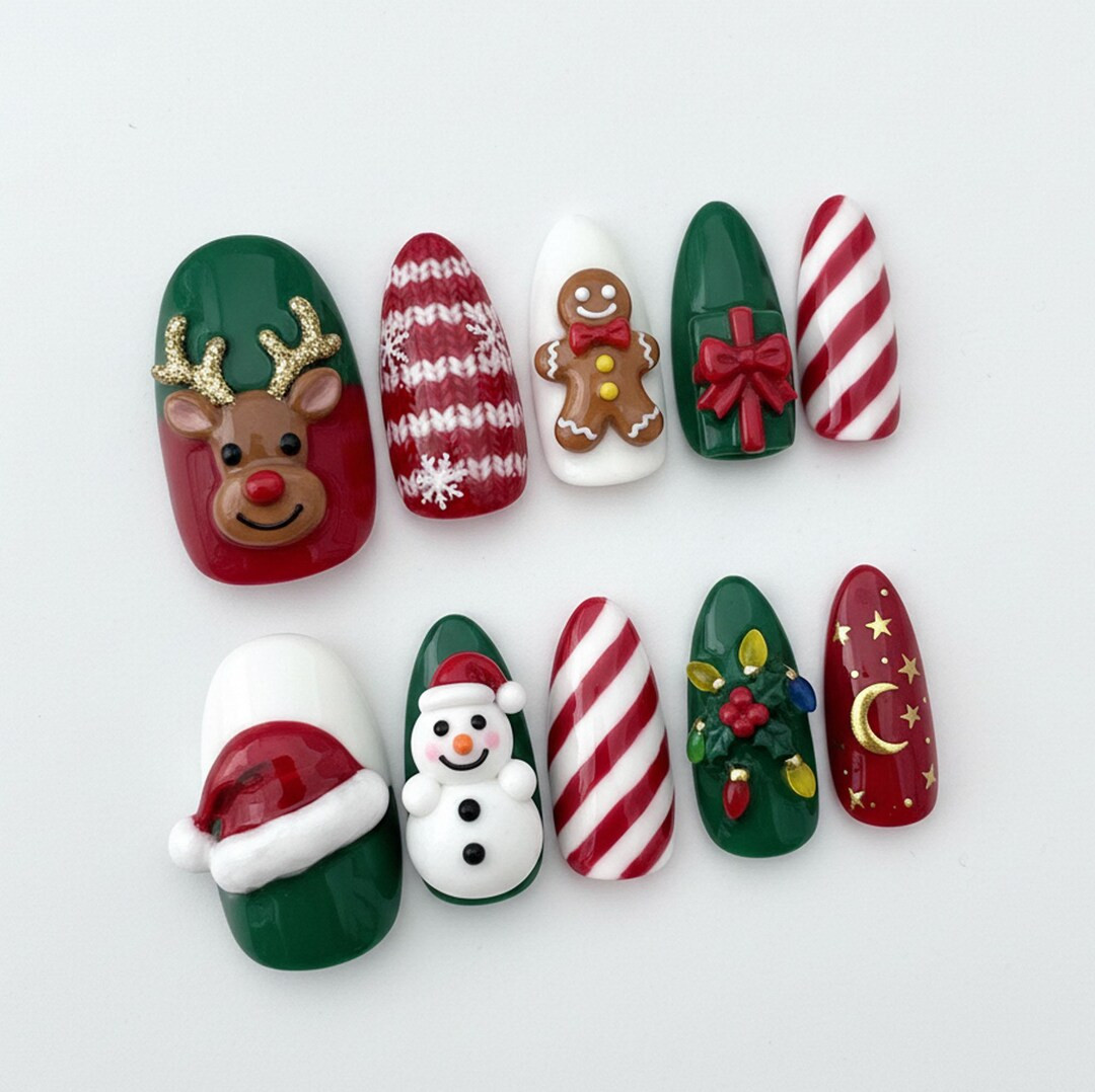 Cute Christmas Press On Nails/Handmade 3D Santa Hat Gingerbread Snowman & Lights Nail Art/Red Gre... | Etsy (US)