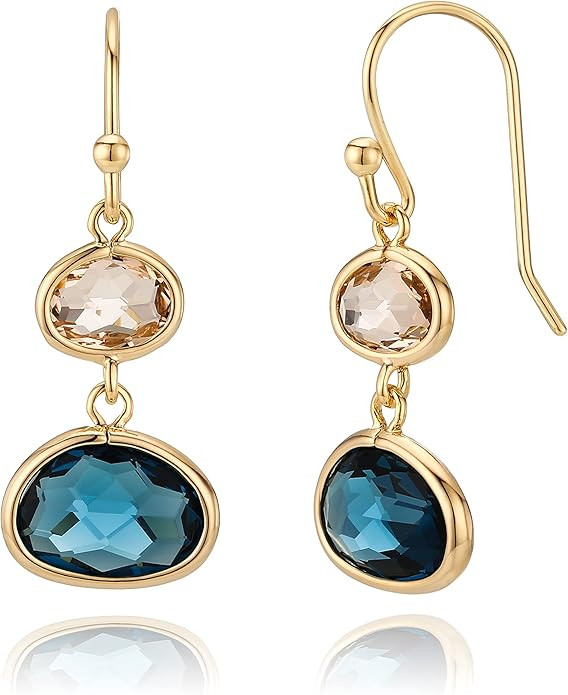 Simulated Navy Blue Sapphire & Champagne Topaz Crystal Earrings - 14k Gold-Plated, Hypoallergenic... | Amazon (US)
