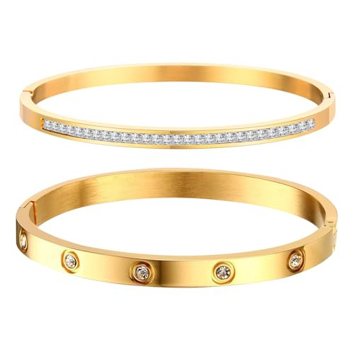 Gold Bracelets for Women - 2Pcs 18K Gold Plated Love Cubic Zirconia Bangle Crystal Friendship Bra... | Amazon (US)
