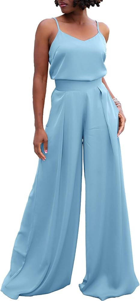 Ecirod 2 Piece Wide Leg Outfits for Women Summer Sexy Spaghetti Strap Tops Long Pants with Pocket | Amazon (US)