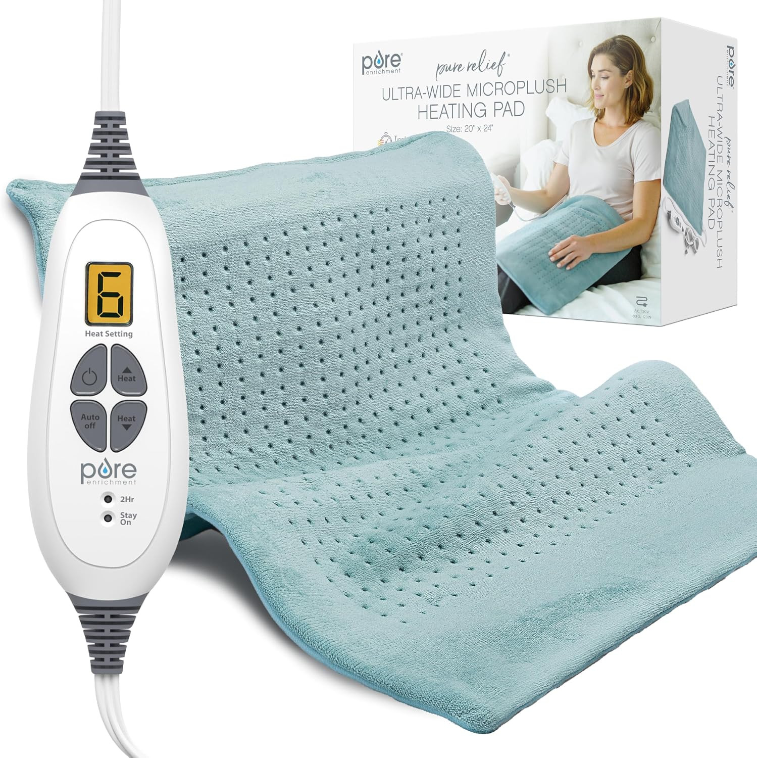 Pure Enrichment PureRelief Ultra-Wide Microplush Heating Pad - 20” x 24” XXL Size & 6 Heat Settings for Temporary Neck, Shoulder & Back Pain Relief - Moist Heat Option & Machine Washable (Sea Glass) | Amazon (US)