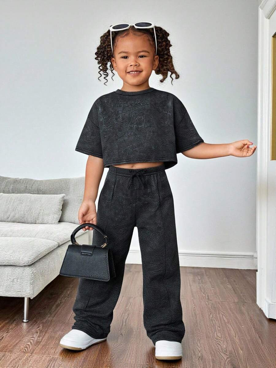 2pcs Young Girls Charcoal Pullover T-Shirt And Leggings Set, Casual Everyday Matching Outfit Kids... | SHEIN