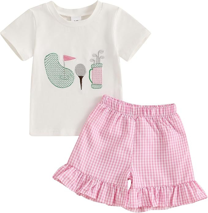 Toddler Baby Girl Golf Outfit Golf Embroidery Short Sleeve T-Shirt Plaid Shorts Set 2Pcs Infant S... | Amazon (US)