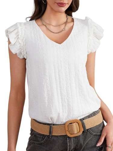 BEAUDRM Women's Casual Eyelet Embroidery Cap Sleeve V Neck Ruffle Trim Regular Fit Blouse Shirts Top White Large | Amazon (US)