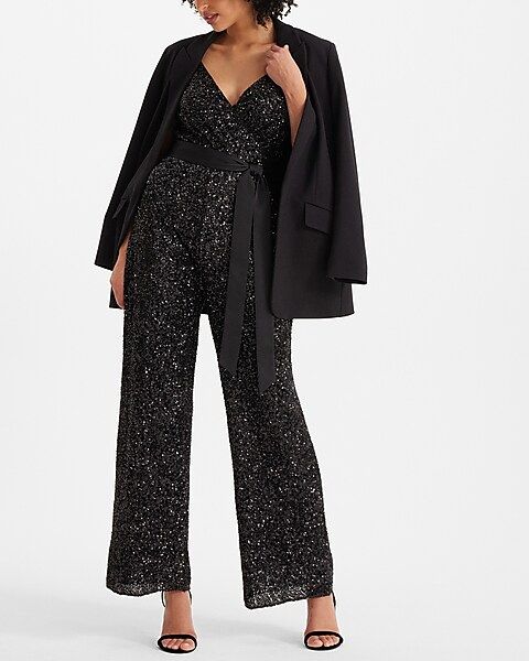 Sequin V-neck Tie Waist Wide Leg Jumpsuit | Express