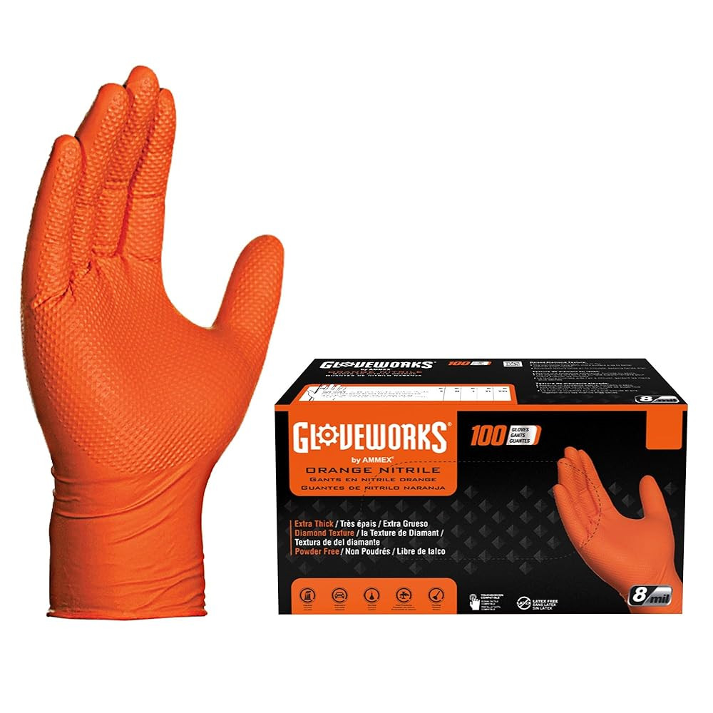 GLOVEWORKS Heavy-Duty Nitrile Gloves, Disposable, Latex Free, 8 Mil, Orange, Diamond Grip Glove | Amazon (US)