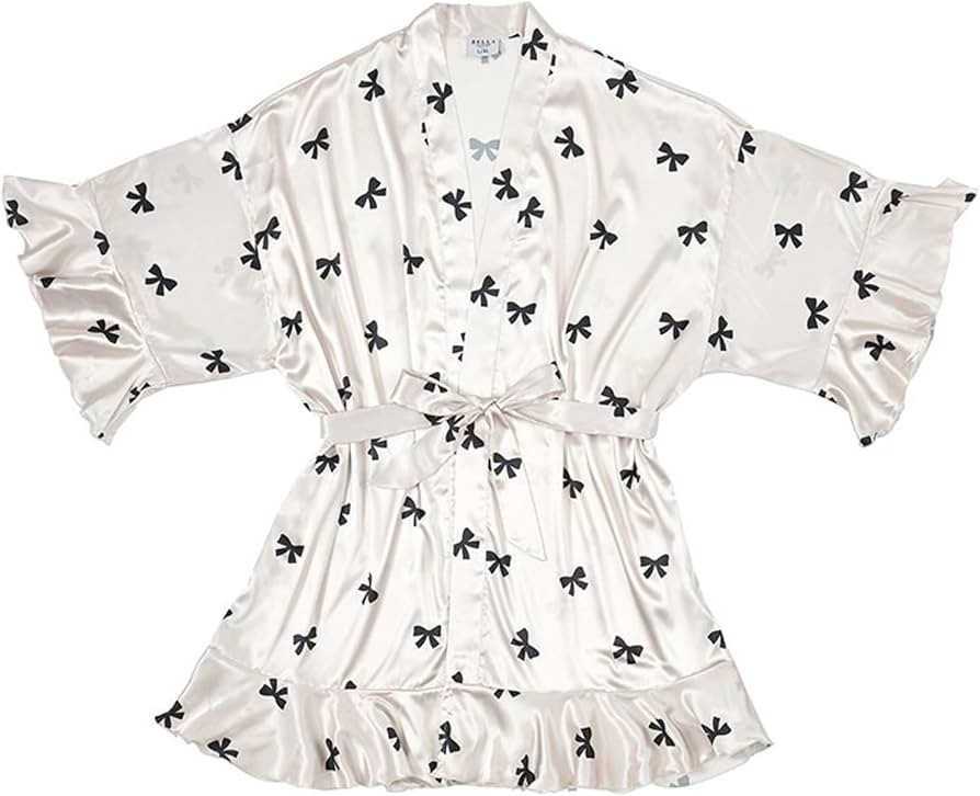 Satin Robes for Women Short Kimono Ruffled Silky Bathrobe, Small/Medium, Black Bows | Amazon (US)