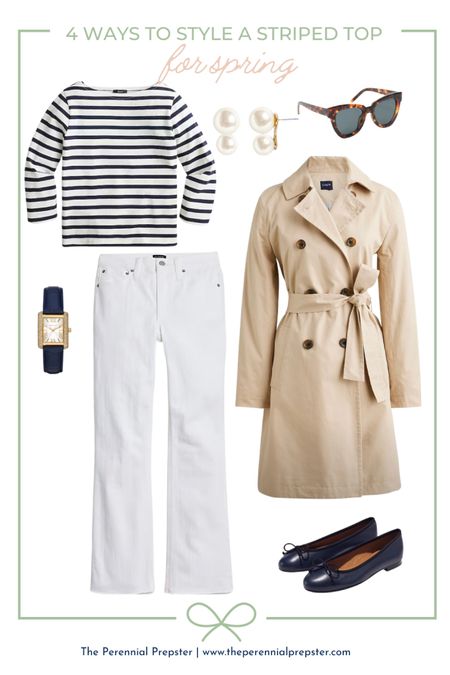How to style a striped top for spring / striped boatneck top with trench coat and white flare jeans / classic style timeless style JCrew look double pearl earrings leather flats preppy style New England coastal style coastal grandmother grandmilennial 

#LTKSeasonal #LTKstyletip