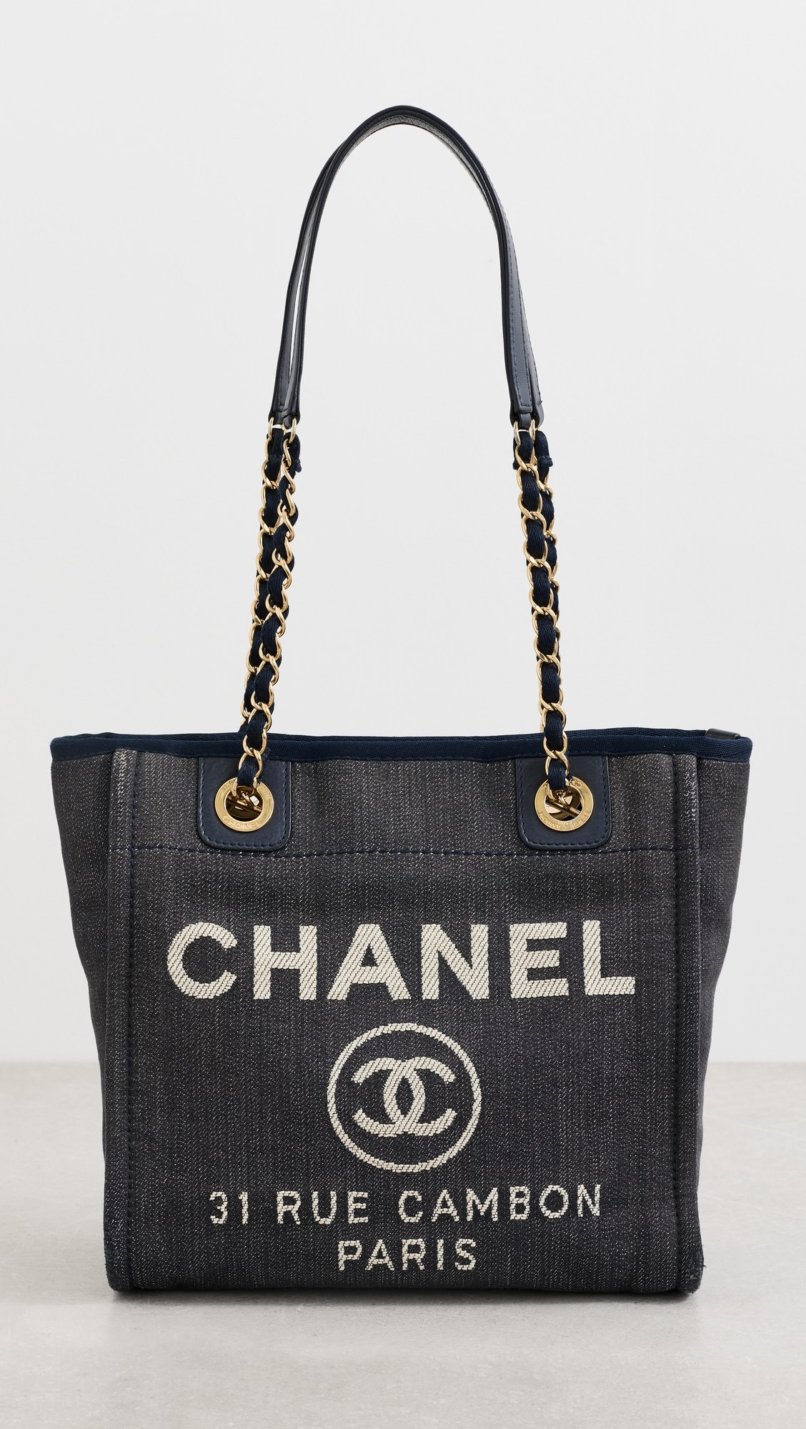 Chanel Navy Denim Deauville Mini Tote | Shopbop