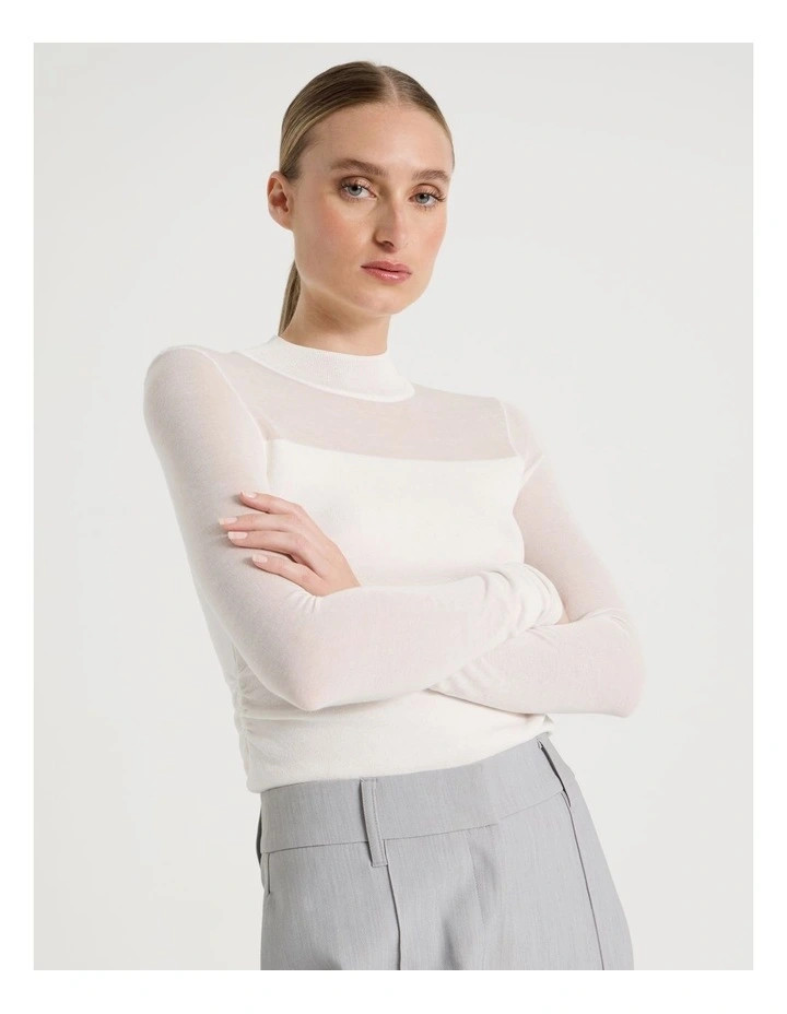BlaqSheer Detail Long Sleeve Knit Top in Ivory | Myer