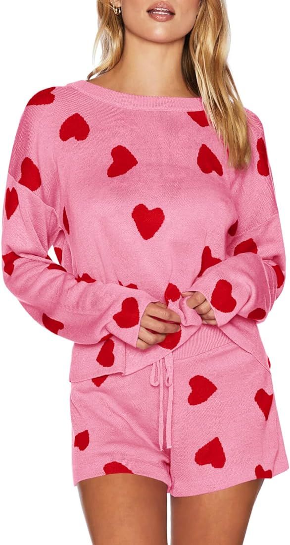Saodimallsu Women’s Valentine's Day Pajama Set Hearts Print Lounge Sets Long Sleeve Sweater and... | Amazon (US)