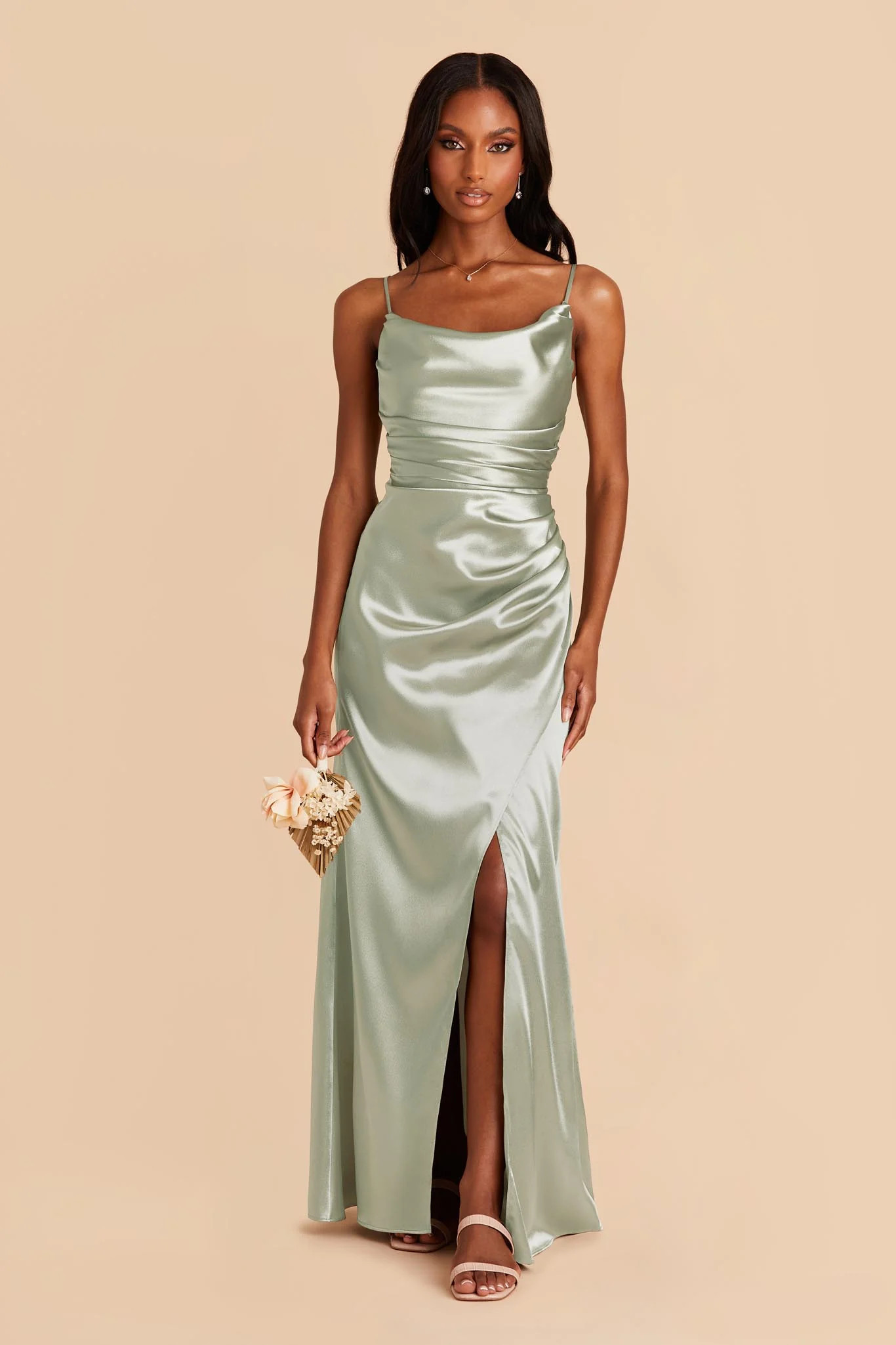 Lydia Shiny Satin Dress - Sage | Birdy Grey