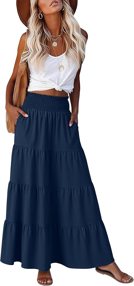 ANRABESS Womens Maxi Skirts, Elastic High Waist A-Line Tiered, Long Flowy Boho Skirts, Summer Cas... | Amazon (US)