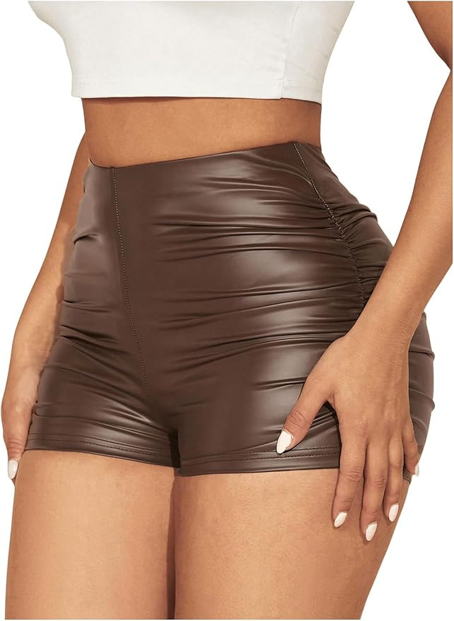 Faux Leather Shorts for Women Ruched Mini Short High Waist Sexy Rave | Amazon (US)