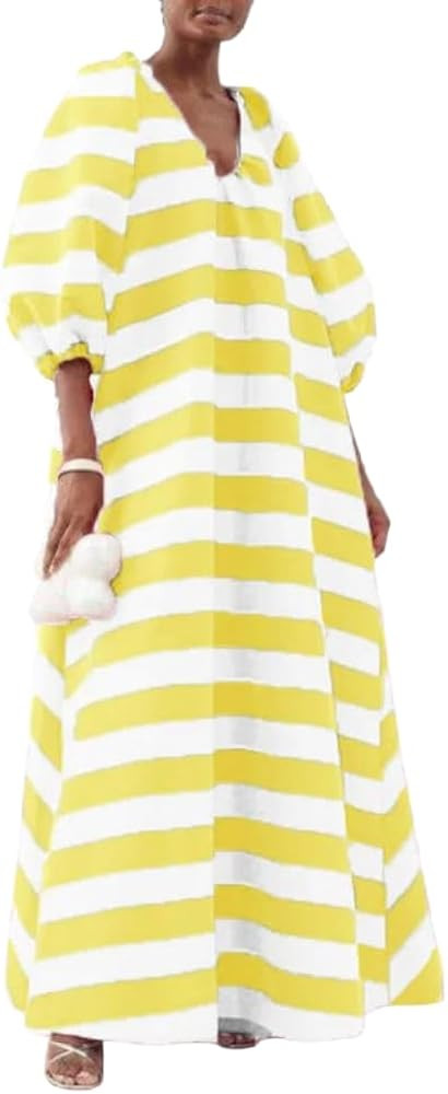 Women's Oversized Striped Lantern Sleeve V Neck Maxi Dress Casual Loose Printed Half Sleeve Long ... | Amazon (US)