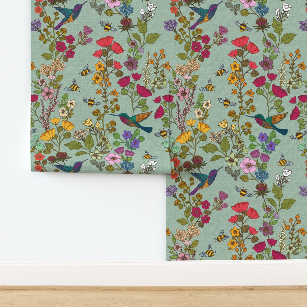 Wallpaper in Hummingbirds and Bees Duck Egg 623 | Spoonflower