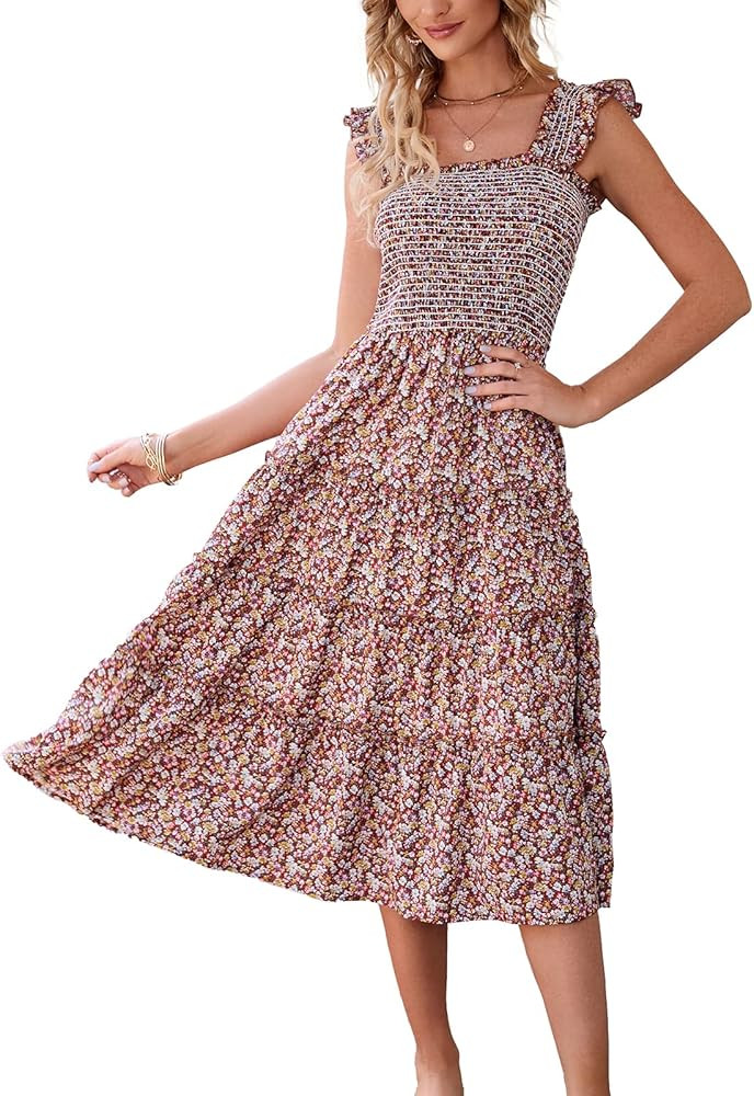 BTFBM Womens Summer Boho Smocked Beach Dresses Sleeveless Shoulder Strap Floral Flowy Tiered Part... | Amazon (US)