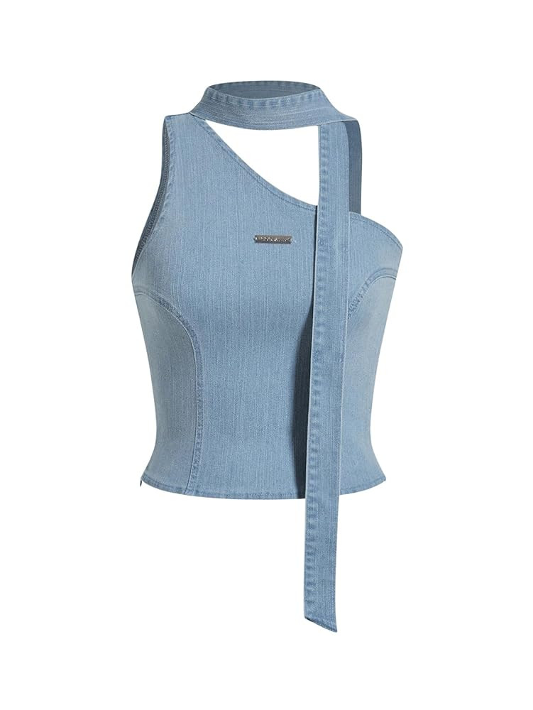 MakeMeChic Women's Denim Top One Shoulder Cut Out Sleeveless Y2K Tank Top | Amazon (US)